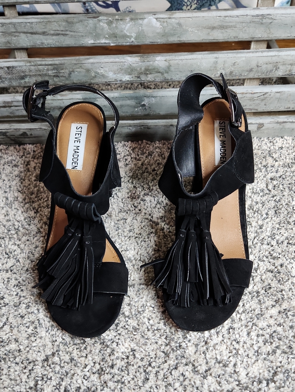 Steve Madden Black Suede Tassel Heeled Sandals